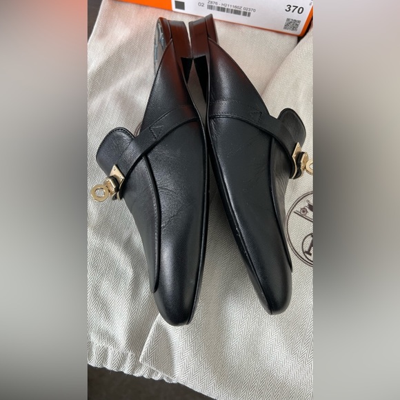 Authentic Hermes OZ Mules in Size 37 Black with Gold Hardware - Picture 10 of 16